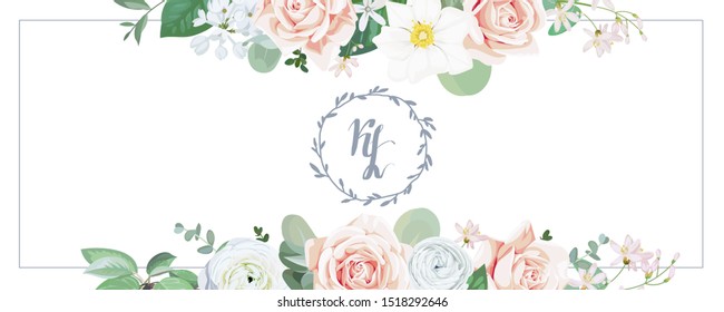Winter wedding invitation with blush roses,white ranunculus