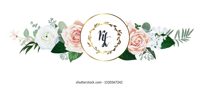 Winter wedding invitation with blush roses,white ranunculus