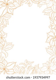 Invitación a la boda de invierno con la elegante rama, hojas, flores. Tarjeta con letras. Marco de línea de arte floral. Plantilla sencilla con diseño dorado. Ilustración dibujada a mano.