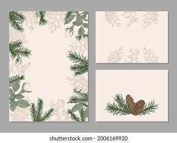 Winter wedding invitation. Set botanical cards with white roses, dusty miller and branches and cones spruce. Floral vector illustration. Green and white background. Pastel pattern.