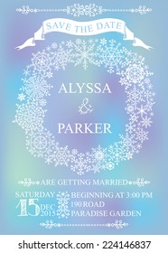 Winter wedding invitation,save the date card with Snowflakes wreath on blur background.Openwork elements,text,numbers,ribbon, border.Vector design template