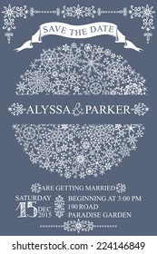 Winter wedding invitation,save the date card with Snowflakes circle composition.openwork elements,text,numbers,ribbon, border.Vector design template