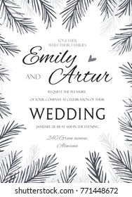 Winter wedding invite, invitation save the date elegant hand drawn card, postcard vector design: gray ink winter tree, forest pine needles leaf branches, blue spruce delicate silhouette border frame