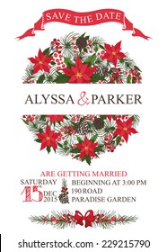 Winter Wedding Save The Date Card With Christmas Circle Composition,text,numbers,ribbon, Border.Vector Design Template