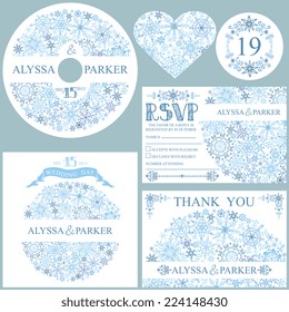 Winter wedding  set with Snowflakes circle composition.Openwork elements,text,numbers,ribbon, border.Vector design template CD or DVD,cover,RSVP,Thank card,Number,tag.Vector design template