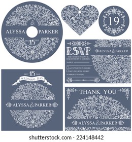 Winter wedding  set with Snowflakes circle composition.Openwork elements,text,numbers,ribbon, border.Vector design template CD or DVD,cover,RSVP,Thank card,Number,tag.Vector design template