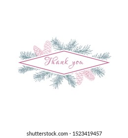 Winter wedding. Vintage wedding set. Vector illustration. Spruce, dusty miller, pine cones, white roses. Dusty Blue and Blush background.