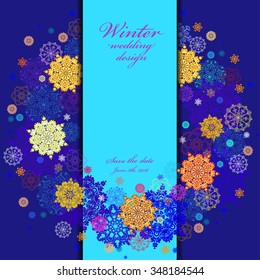 Winter wedding wreath background with red, pink, gold, blue and white snowflakes and stars and dark blue background. Text place. Vintage vector illustration.