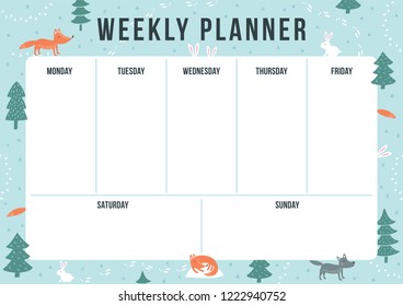 Winter weekly planner with cartoon animals and elements. Template with place for notes. Vector illustration for print, office, school.