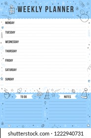 Winter weekly planner with doodle elements. Template with place for notes. Vector illustration for print, office, school.