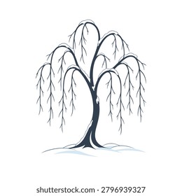 Winter weeping willow tree icon covered with snow. Vector illustration isolated on white.