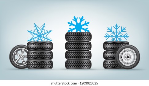 Winter wheels icon set with snowflake sign from above. Wintery tire collection and snow symbol