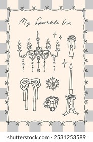 Tarjeta dibujada a mano caprichosa del invierno, diseño del cartel. Coqueta candelabro, arcos, vela, taza de té sobre fondo de rayas suaves. Elementos con encanto y elegancia. Boda, fiesta de Navidad, invitación de cena