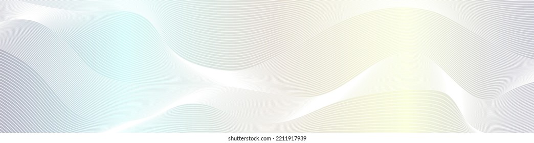 Winter white abstract background design. Modern wavy line pattern (guilloche curves) in monochrome colors. Premium stripe texture for banner, background. Pearl color horizontal vector template