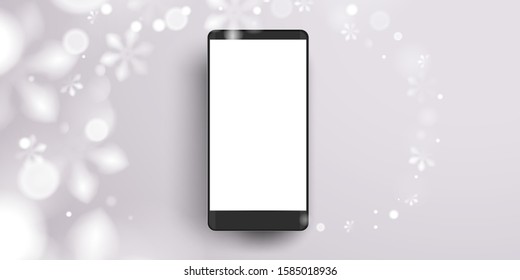 Winter white abstract background with snowflakes and a smartphone screen vector template