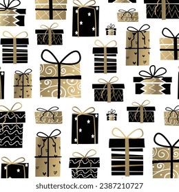 Winter white background with black and gold gift box. For textile, paper, scrapbooking, wrapping, web and print design. Seamless pattern. Vector illustration