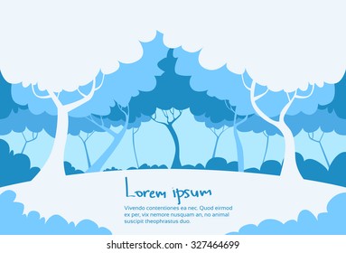 Winter White Blue Landscape Forest Tree Silhouettes Flat Retro Vector Illustration