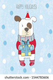 Winter white dog with scarf, pom poms on his ears, present with bow in his hands, warm jacket, blue mittens, cute cartoon Christmas greeting card, picture drawn with a tablet