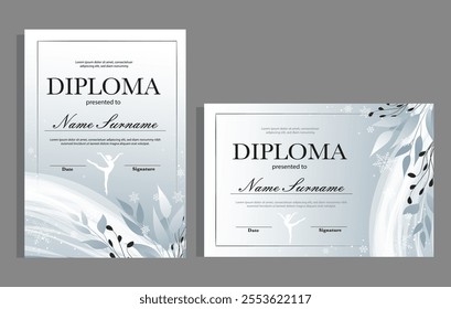 Winter white and gray diploma templates set. Certificates with snowflakes, graphic monochromic cold colours, frozen background. Sport, competition design