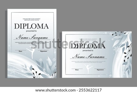 Winter white and gray diploma templates set. Certificates with snowflakes, graphic monochromic cold colours, frozen background. Sport, competition design