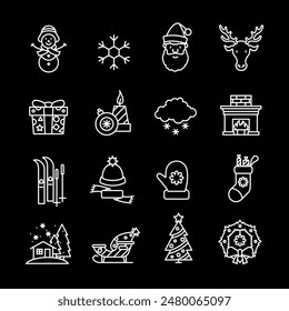 Winter, white line icons. New Year and winter holiday symbols. festive and seasonal themes. Symbols on black background. Editable stroke.