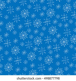 Winter white line snowflake seamless pattern on the blue background. Vector pattern for banner, card, invitation, textile, fabric, wrapping paper.
