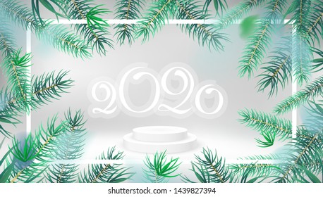 Winter white nature abstract background with fir tree leaves and 2020 text vector banner or greeting card design