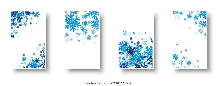 Winter white paper cards with blue snowflakes and place for text. Christmas template. Vector illustration.