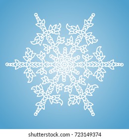 Winter white snowflake on blue background. Christmas element. Vector illustration. Knitted style