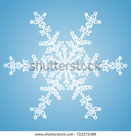 Winter white snowflake on blue background. Christmas element. Vector illustration. Knitted style