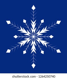 Winter white snowflake with six rays on a blue night sky background.