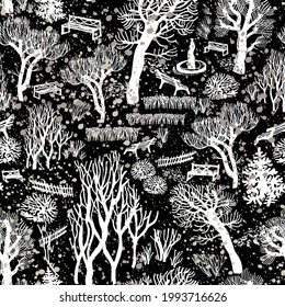 Winter white snowy park scenery with bare trees on black background. Contrast black and white seamless pattern. Modern doodle illustration for baby design, fabric, wallpaper, Christmas packaging.