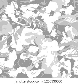 Winter white urban camouflage, modern fashion design. Camo military protective. Army uniform. Grunge pattern. Snow shade color, fashionable, fabric. Vector seamless texture.