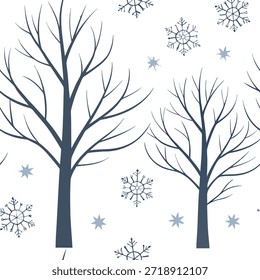 Branco de inverno padrão sem costura com árvores nuas flocos de neve macios e imagens geladas para um conceito pacífico de cena de floresta de inverno como Padrão branco de inverno pacífico com árvores nuas flocos de neve macios e imagens geladas para uma configuração de floresta tranquila no Conceito de Stock de Foto e espaço vazio no lado esquerdo, sem texto —ar 7:2 —tile