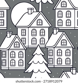 Patrón sin fisuras blancos de invierno con techos cubiertos de nieve, ventanas heladas y luz de luna suave para un concepto de escena de pueblo de invierno acogedor como patrón de pueblo de invierno acogedor con techos cubiertos de nieve, ventanas heladas y luz de luna suave para un diseño sereno en Foto de archivo Concepto y espacio vacío en el lado izquierdo, sin texto --ar 7:2 --tile