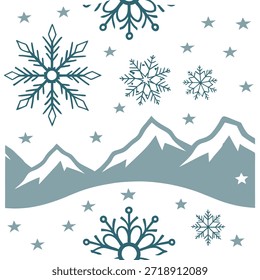 Patrón sin fisuras blancos de invierno con montañas cubiertas de nieve copos de nieve brillantes y tonos azules helados para un concepto de ambiente fresco de invierno como patrón blanco de invierno fresco con montañas cubiertas de nieve copos de nieve brillantes y tonos azules helados para un aspecto fresco y helado en Foto de archivo Concepto y espacio vacío en el lado izquierdo, sin texto --ar 7:2 --tile