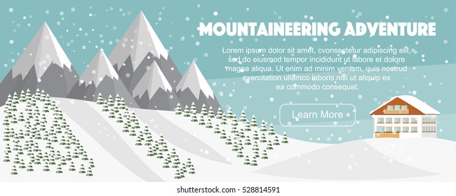 Winter wide panoramic landscape, country house, high mountains and fir trees forest under snowfall.