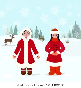 winter wild landscape with cute girls for your design