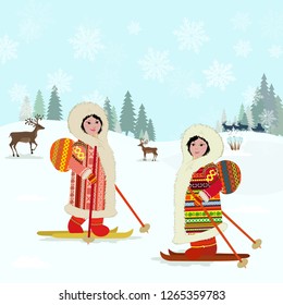 winter wild landscape with happy northern girls for your design