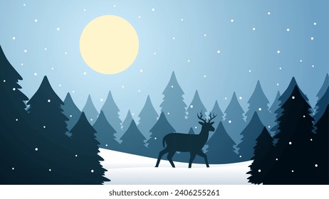 Winter wildlife landscape vector illustration. Silhouette of deer at pine forest in winter night. Cold season wildlife landscape for illustration, background or wallpaper