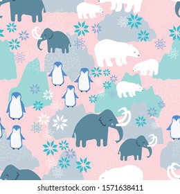 Winter wildlife scene vector repeat pattern. Perfect for scrapbooking, wallpaper, stationary, homeware. Seamless print. 