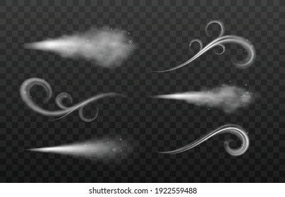 Winter wind blow. Collection designs of swirls of air with snow and whiffs of cold with snowflakes. Isolated symbols of snowy weather on black background. Vector 3d illustrations