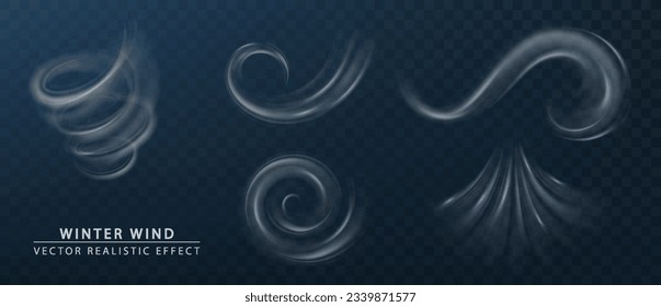 Winter wind blow, wind swirls isolated. Vector realistic symbol of fresh air, winter weather. Air flow wave effect set