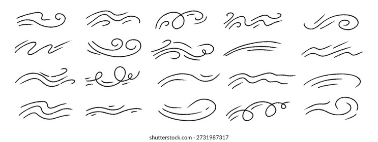 Ícone do doodle da brisa do vento do inverno mostrando o fluxo de ar e a velocidade do redemoinho. Infográficos educacionais sobre meteorologia usando um ícone de rabisco de brisa de vento claro.