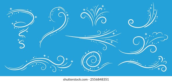 Winter wind doodle illustration set on blue background. Frosty curly pattern with snow collection of sketch design elements.