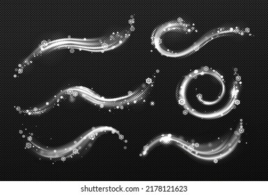 Winter wind effect with swirls and waves of white mist clouds with snow. Vector realistic set of blizzard, frost blowing air with snowflakes isolated on transparent background