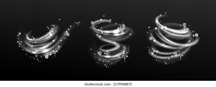 Winter wind effect with swirls and waves of white mist clouds with snow. Vector realistic set of blizzard, frost blowing air with snowflakes isolated on transparent background