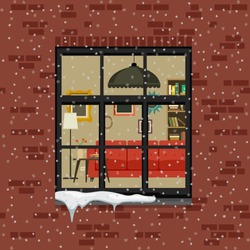Winter Window In Brick Wall. View Of The Living Room Through The Window. Vector Flat Illustration.