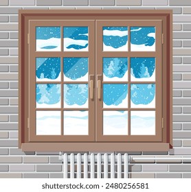 Winter window with brick wall, view from the room. Empty sill. Warm cozy interior. Christmas landscape, hills, snow, spruce forest and falling snow. Cartoon flat vector illustration.