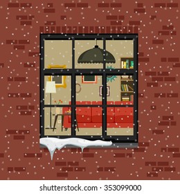 Winter window in brick wall. View of the living room through the window. Vector flat illustration.